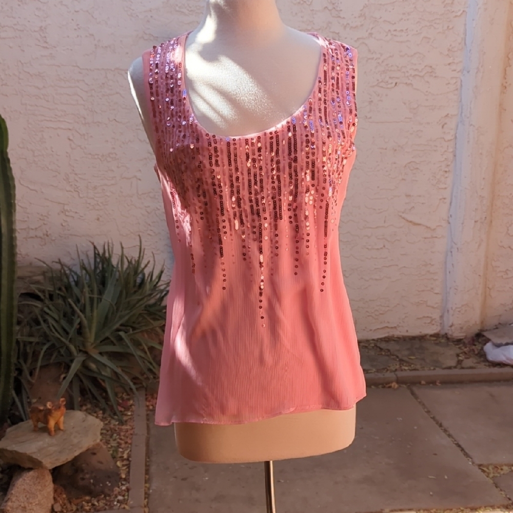New York & Company Pink Sequin Scoop Neck Tank Top
